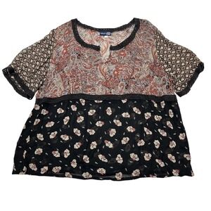 Vintage Venezia Top‎ 18/20 Mixed Dark Sheer Floral Paisley Embroidered Trim Boho